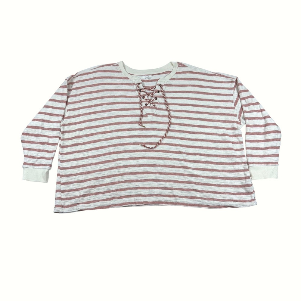 Maurices Womens 4X Striped Lace Up Neck Long Sleeve Slub Knit Top Clay Red Cream